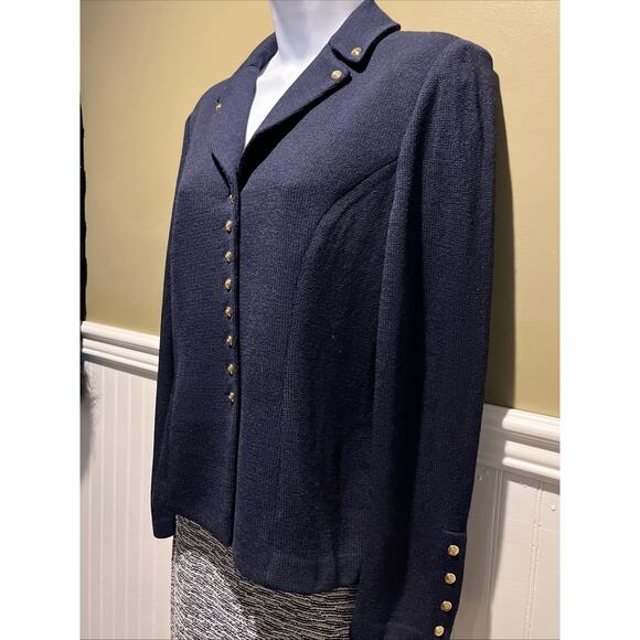 Vtg St John 2pc Skirt Suit Navy Blue Santana Knit Gold Tone Button Jacket Sz 2 - Picture 5 of 6